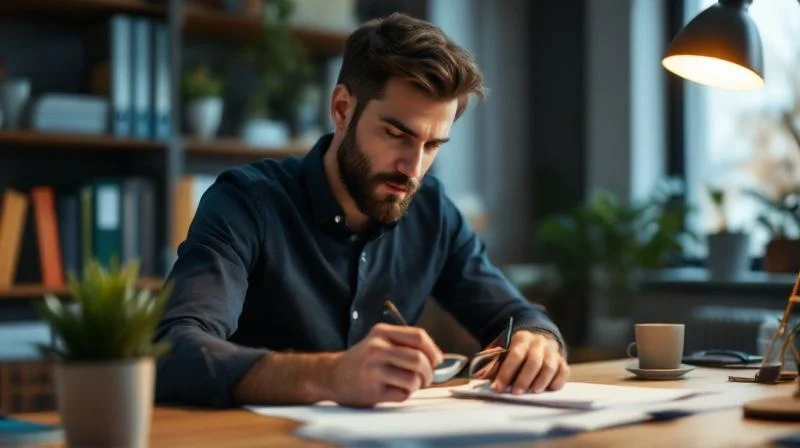 Frau berechnet Foerderung am Schreibtisch in Duesseldorf