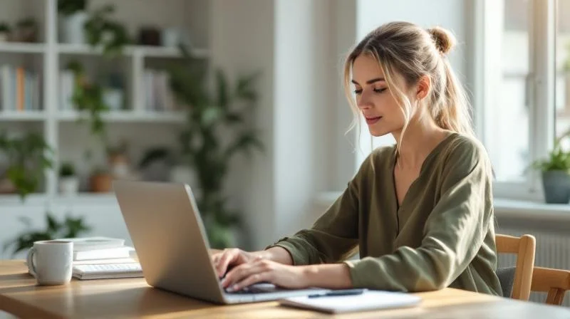 Frau informiert sich am Laptop ueber Weiterbildungsmoeglichkeiten in Duesseldorf