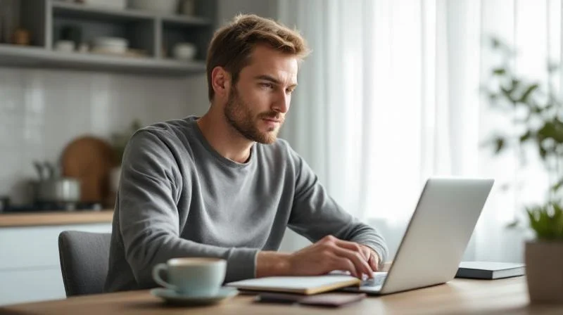 Person studiert Lernunterlagen in einem hellen Duesseldorfer Zimmer