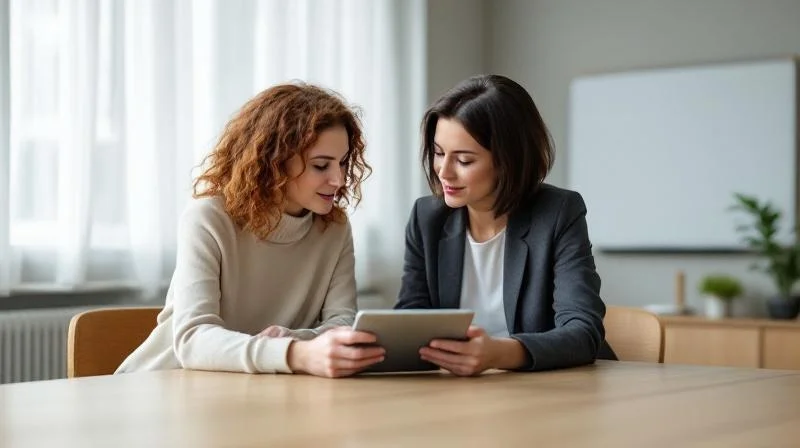 Zwei Kolleginnen besprechen Karriereoptionen in einem Buero in Duesseldorf