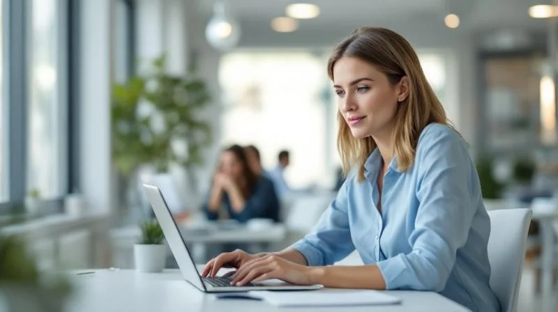 Frau arbeitet konzentriert am Laptop in einem modernen Buero in Duesseldorf