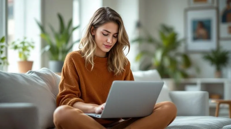 Frau arbeitet konzentriert am Laptop in einem modernen Duesseldorfer Buero