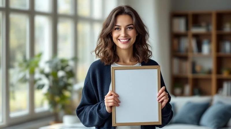 Frau haelt stolz ein Zertifikat in den Haenden in einem hellen Raum in Duesseldorf