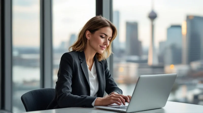 Düsseldorfer Geschäftsführerin im modernen Büro mit Blick auf Rheinturm und Medienhafen