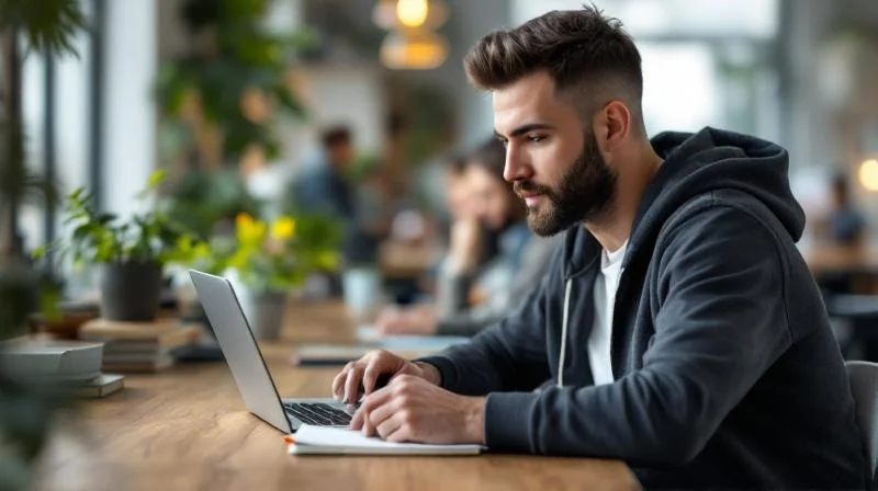 Junger Mann am Notebook in einem Düsseldorfer Co-Working-Space, experimentiert mit KI-Tools für einen Branding-Auftrag