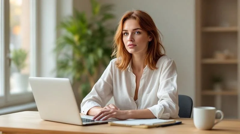 Frau arbeitet konzentriert am Laptop in einer hellen Wohnung in Duesseldorf