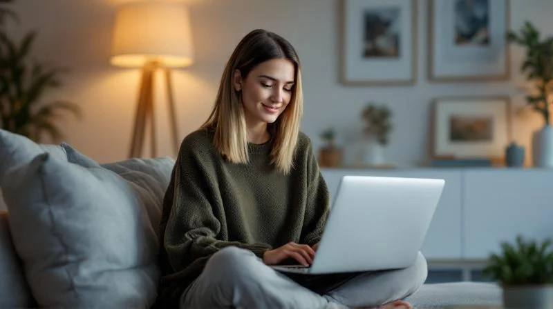 Frau lernt am Laptop in einer modernen Wohnung in Duesseldorf