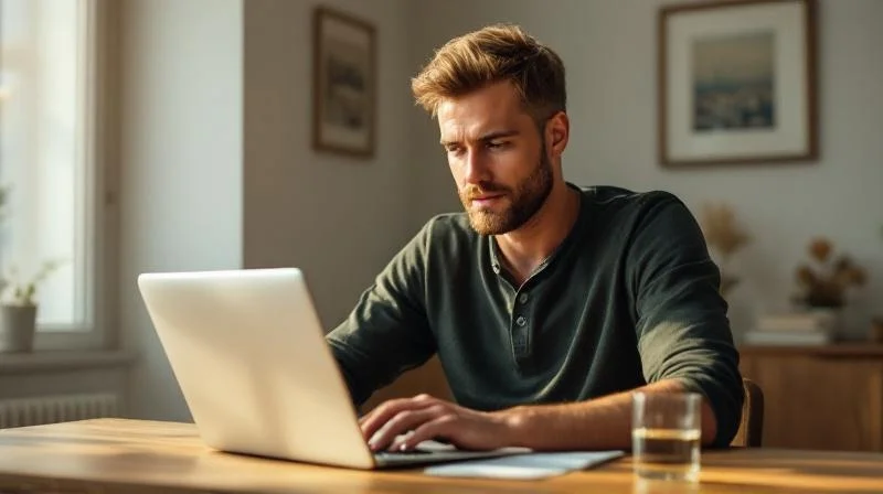 Mann lernt am Schreibtisch in einer Wohnung in Duesseldorf